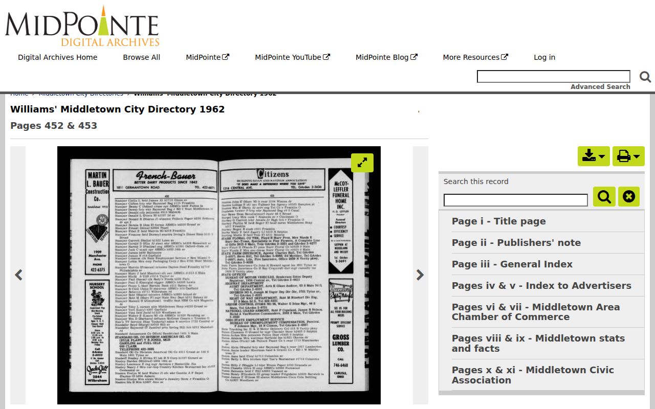 West Chester Township historical directory research with a Middletown directory record