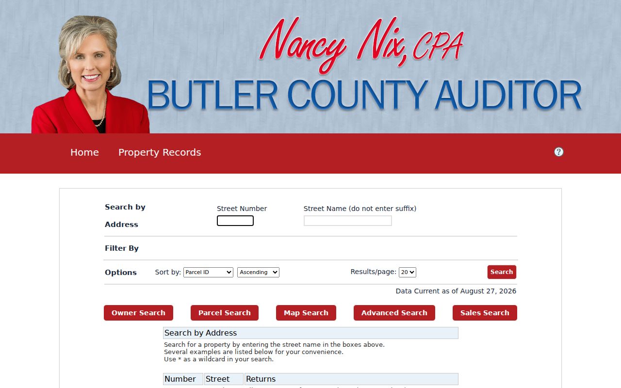 West Chester Township street directory follow-up showing the Butler County Auditor address search