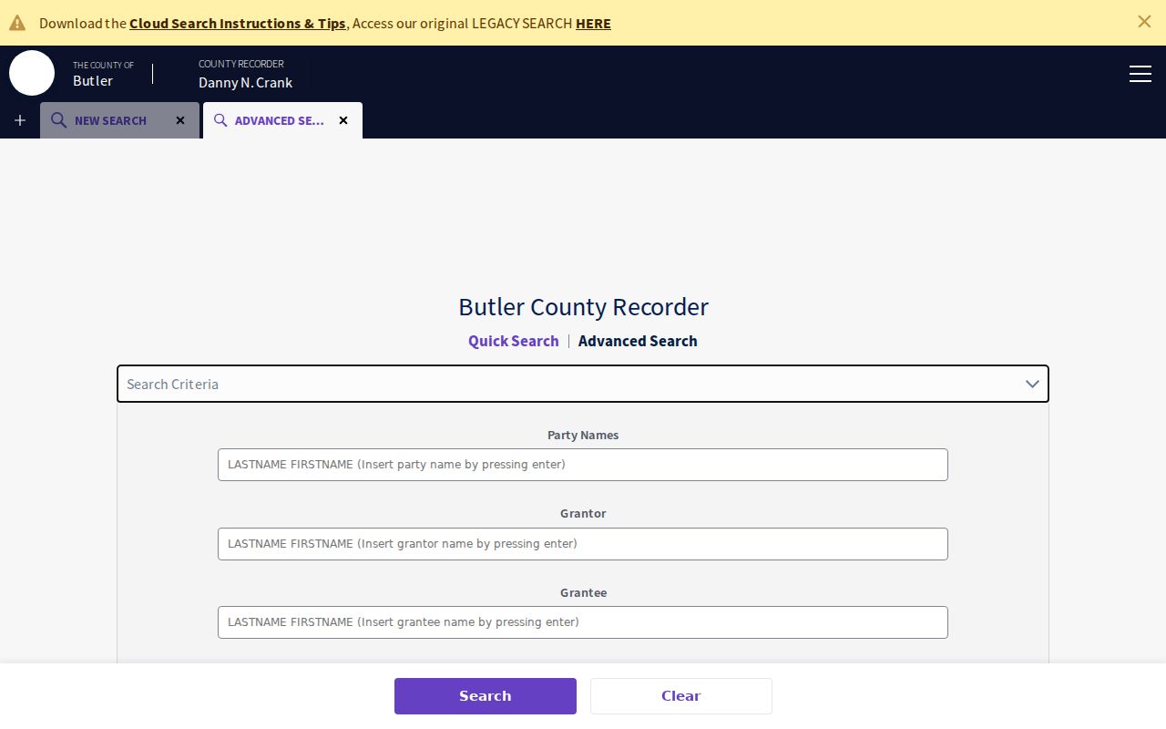 West Chester Township street directory follow-up showing Butler County Recorder advanced deed search