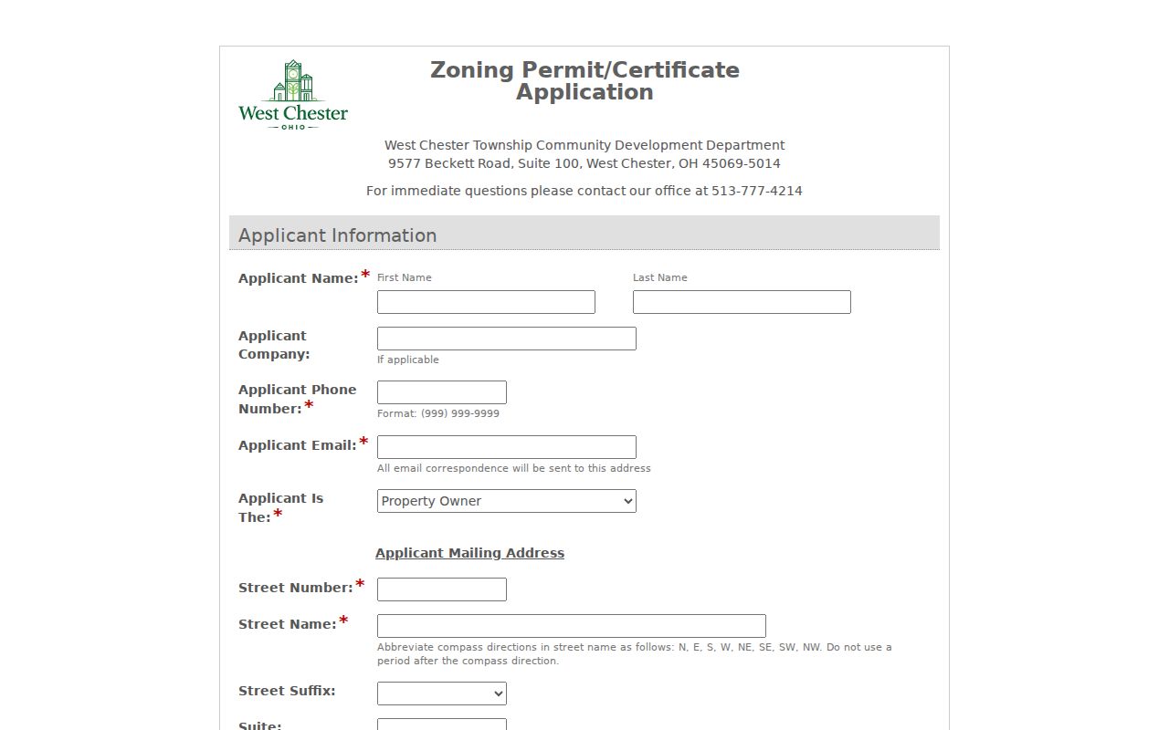 West Chester Township street directory follow-up showing the zoning certificate application